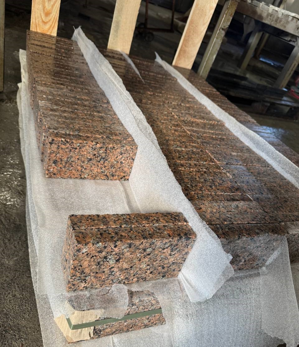 Sawn paving stones stacked on a pallet