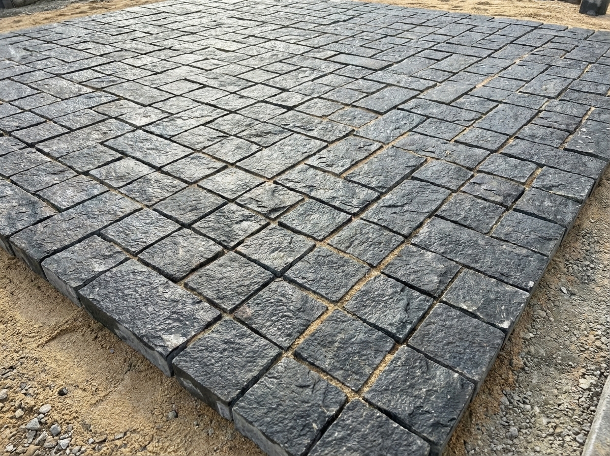 Paving with basalt paving stones